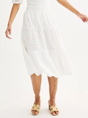 Nine West White Eyelet Tiered Midi Skirt with Smocked Waist